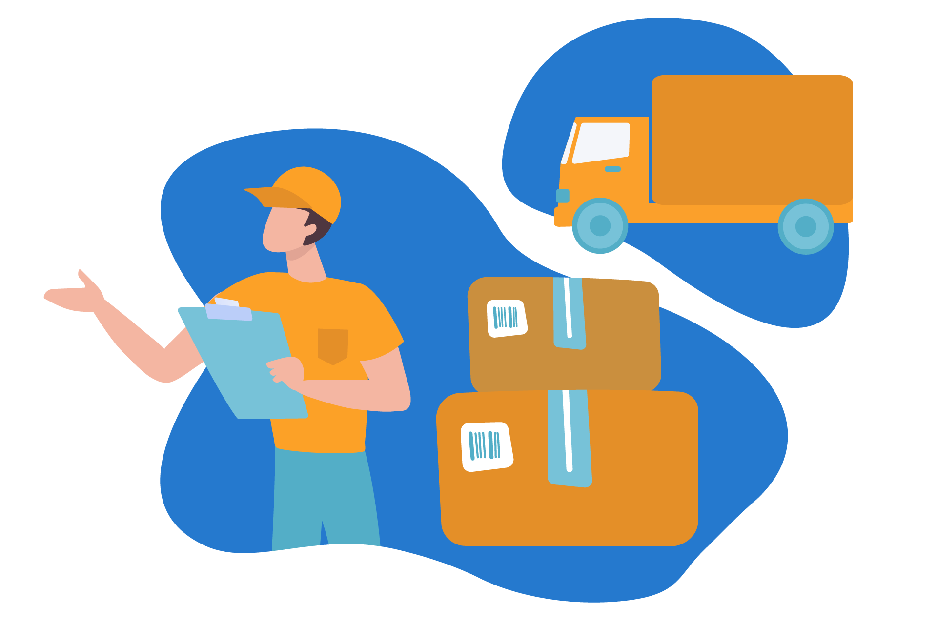 Ilustração de pessoa que entrega encomendas ao lado de caixas de cartão e uma carrinha de entrega.